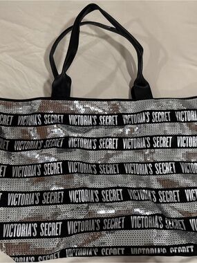 Victoria's Secret Black and Silver Sequin Logo Tote